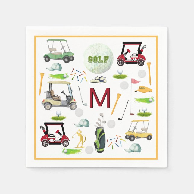Serviette En Papier Hommes Anniversaire Retraite Golf Thème Monogramme (Devant)