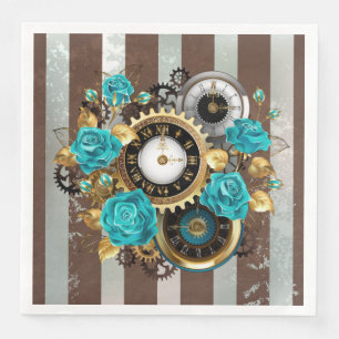 Serviette En Papier Horloge à vapeur et Roses turquoise sur le sol