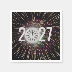 Serviette En Papier Horloge Lune et feux d'artifice 2026 Nouvel An Eve