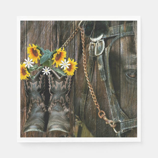 Serviette En Papier Horse Cowboy Boots Sunflowers Rustic Barque (Devant)