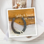 Serviette En Papier Horseshoe and Pearls Country Western Wedding<br><div class="desc">Customize the charming Horseshoe and Pearls Country Western Wedding Paper Napkins with the personal names of the bride and groom and barn party marriage ceremony date. These rustic chic custom equine wedding napkins feature a quaint photograph of a rusty horseshoe, white pearl necklace and bridal veil with a brown barn...</div>