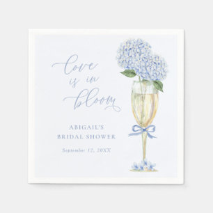 Serviette En Papier Hortensia Bleu Verre à Champagne & Ruban Amour en