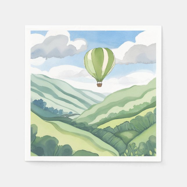 Serviette En Papier Hot Air Balloon | Green Watercolor Landscape (Devant)
