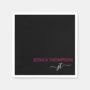 Serviette En Papier Hot Pink Modern Black Simple Script Monogram