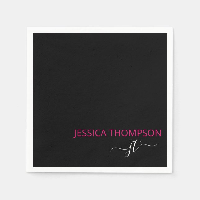 Serviette En Papier Hot Pink Modern Black Simple Script Monogram (Devant)