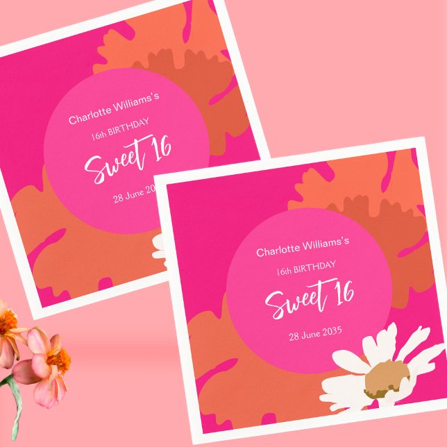 Serviette En Papier Hot rose et orange Floral Seize Anniversaire (Créateur téléchargé)