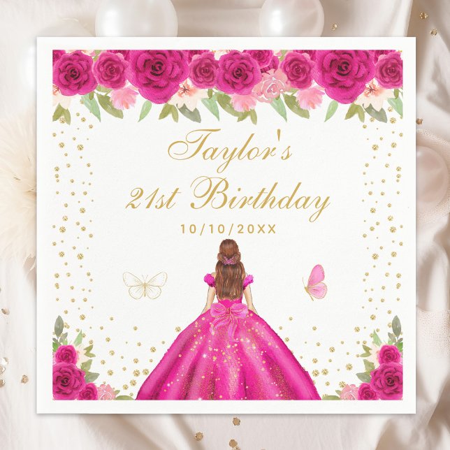 Serviette En Papier Hot rose Floral Brown cheveux fille fête d'anniver (Créateur téléchargé)