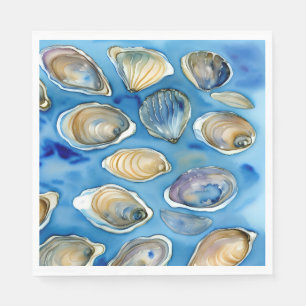 Serviette En Papier Huîtres Clams Coquillages Aquarelle Bleu