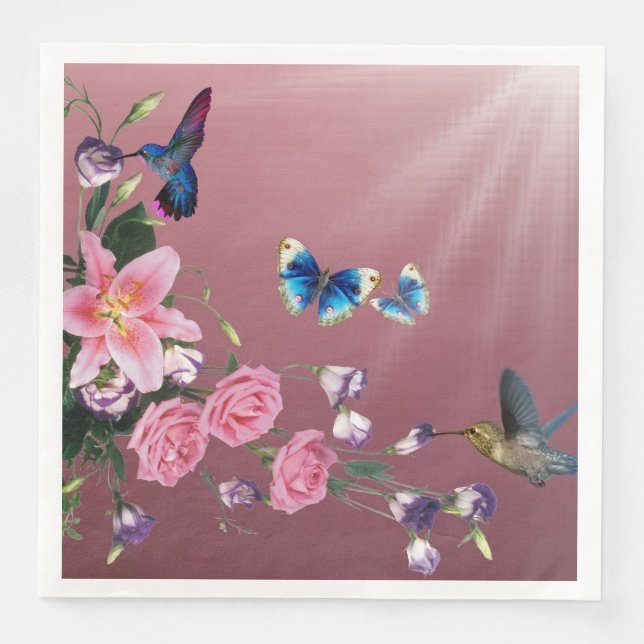 Serviette En Papier Hummingbirds Fleurs Papillons Papier Napkins (Devant)