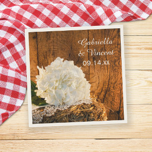 Serviette En Papier Hydrangea blanche et Mariage campagnard en bois de