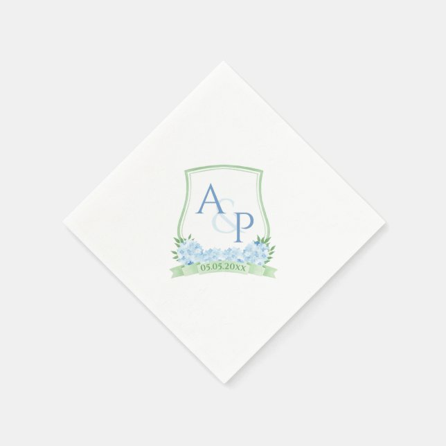 Serviette En Papier Hydrangea Bleu Aquarelle Monogramme Mariage Vert (Coin)