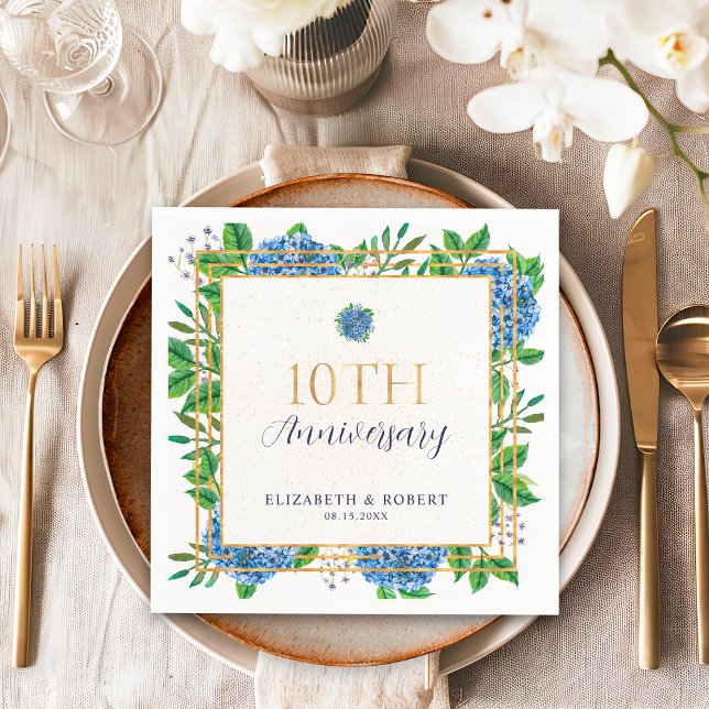 Serviette En Papier Hydrangea Bleu Doré 10e Anniversaire de Mariage (Créateur téléchargé)