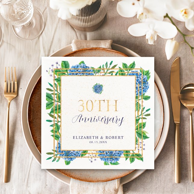 Serviette En Papier Hydrangea Bleu Doré 30e Anniversaire de Mariage (Créateur téléchargé)