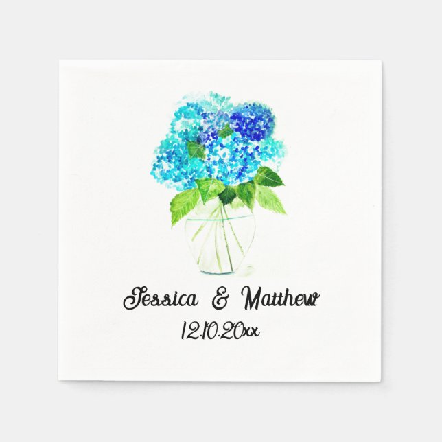 Serviette En Papier Hydrangea Blue Aquarelle nature fleurie Mariages (Devant)
