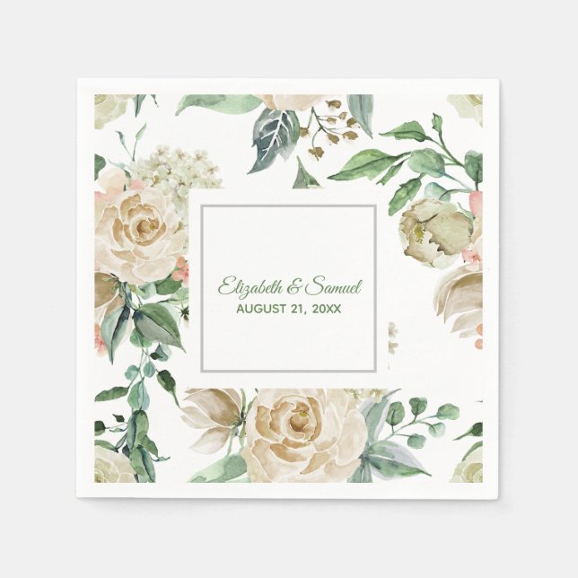 Serviette En Papier Hydrangea Crème Rose Beige Mariage Mariée Marié (Devant)