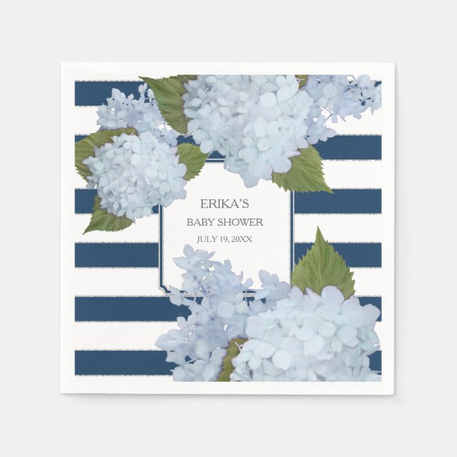 Serviette En Papier Hydrangea Florale Rayée Bleu Nuit et Blanc (Devant)