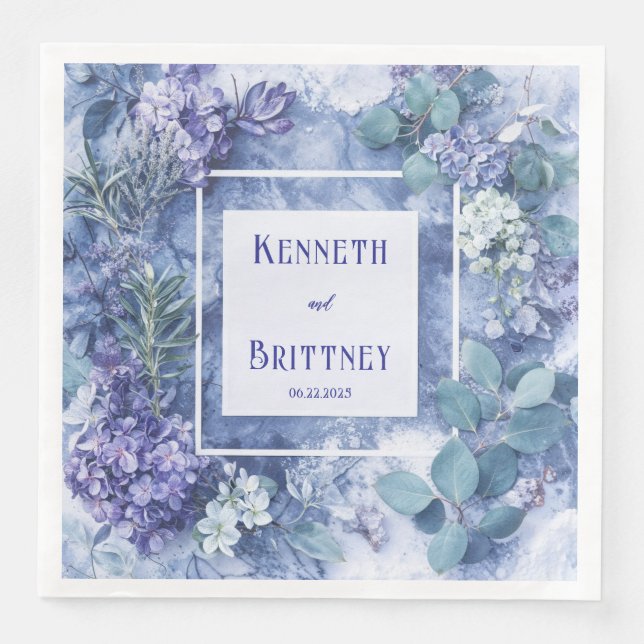 Serviette En Papier Hydrangea lavande bleu de marbre Mariage d'hiver (Devant)