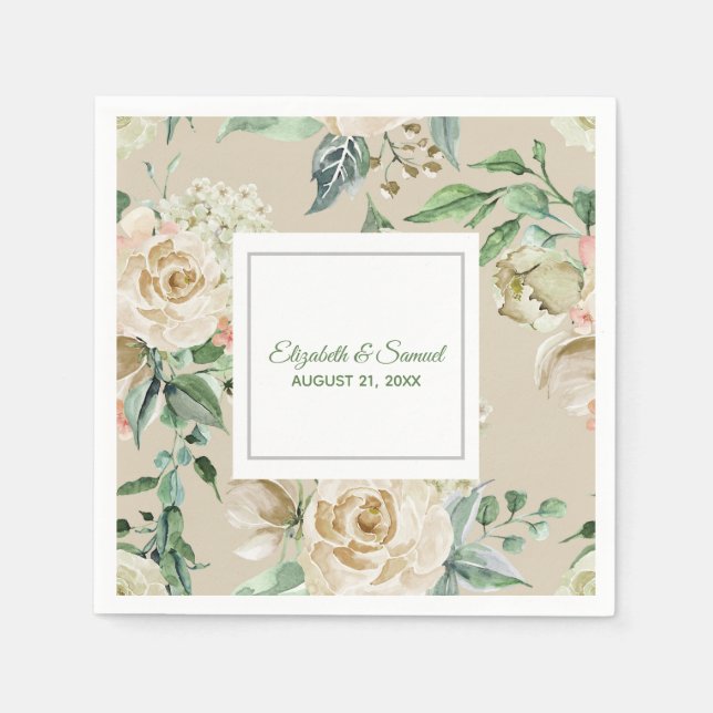 Serviette En Papier Hydrangea Rose Blanche Mariée Marié Mariage Beige (Devant)