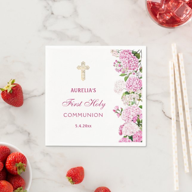 Serviette En Papier Hydrangea Rose Première Communion (En situation)