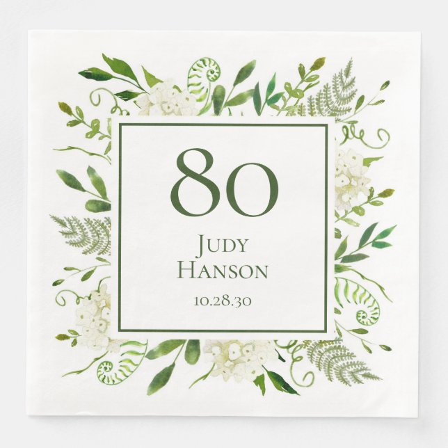 Serviette En Papier Hydrangeas blancs pour 80e anniversaire (Devant)