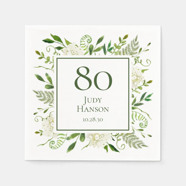 Serviette En Papier Hydrangeas blancs pour 80e anniversaire (Devant)
