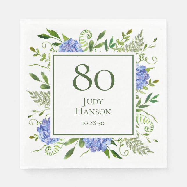 Serviette En Papier Hydrangeas bleues pour 80e anniversaire (Devant)
