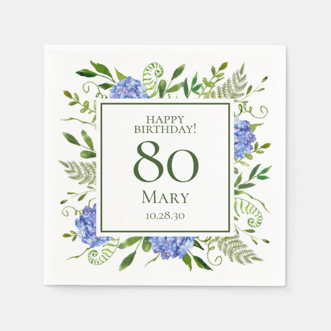 Serviette En Papier Hydrangeas bleues pour 80e anniversaire (Devant)