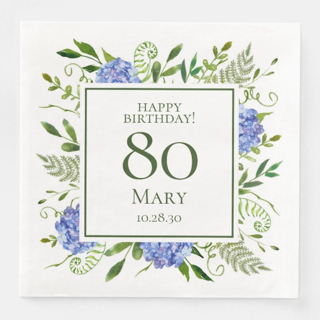 Serviette En Papier Hydrangeas bleues pour 80e anniversaire (Devant)