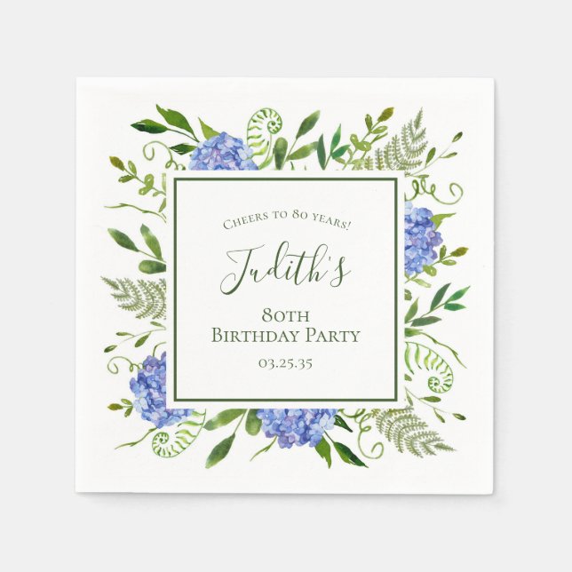 Serviette En Papier Hydrangeas bleues pour 80e anniversaire (Devant)