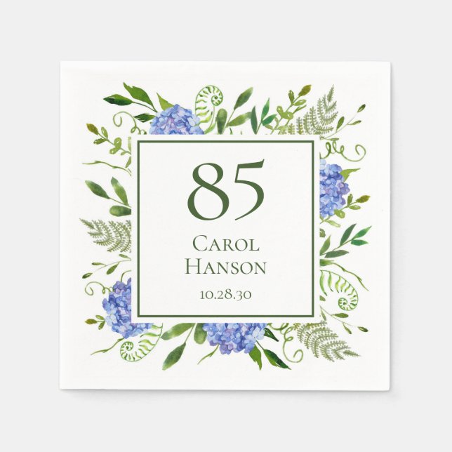Serviette En Papier Hydrangeas bleues pour 85e anniversaire (Devant)