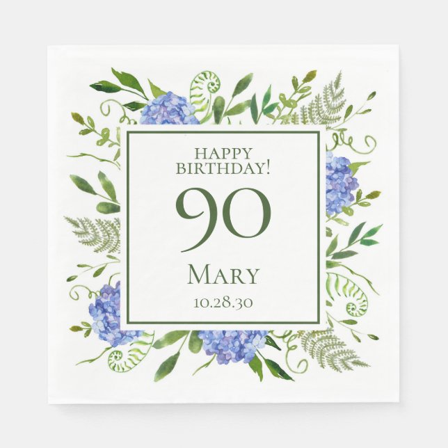 Serviette En Papier Hydrangeas Bleues pour les 90 ans (Devant)