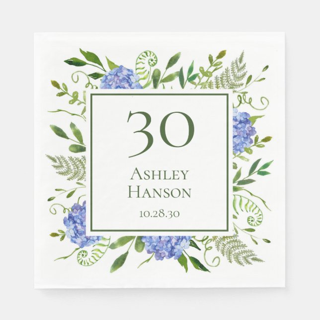 Serviette En Papier Hydrangeas bleus pour 30e anniversaire (Devant)
