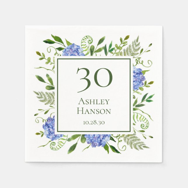 Serviette En Papier Hydrangeas bleus pour 30e anniversaire (Devant)
