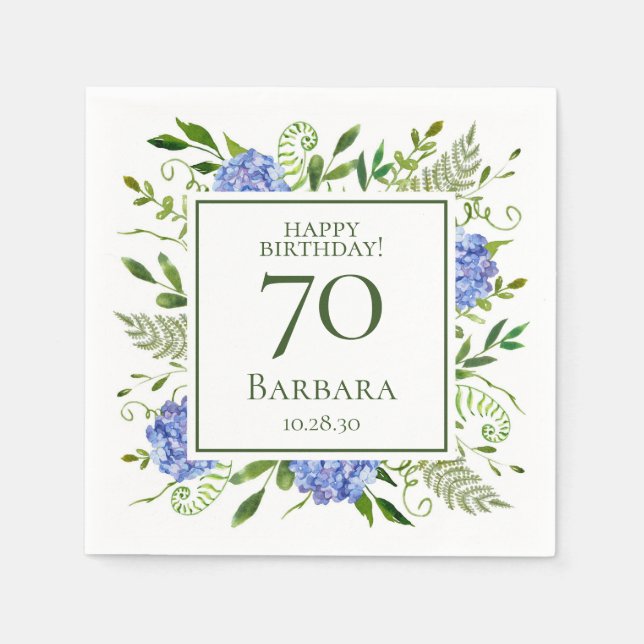 Serviette En Papier Hydrangeas bleus pour 70e anniversaire (Devant)