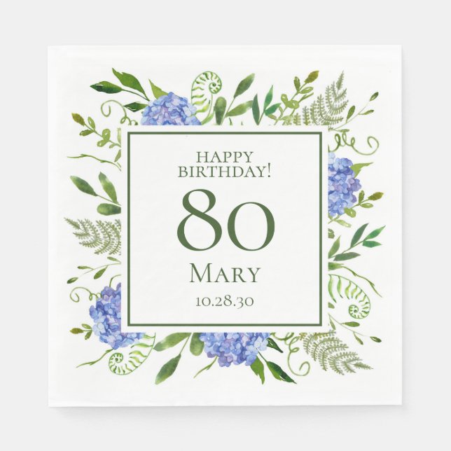 Serviette En Papier Hydrangeas bleus pour 80e anniversaire (Devant)