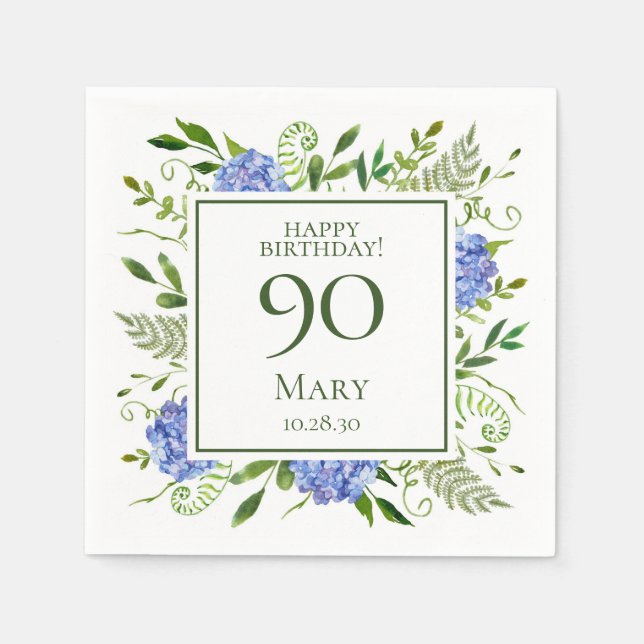 Serviette En Papier Hydrangeas bleus pour 90e anniversaire (Devant)