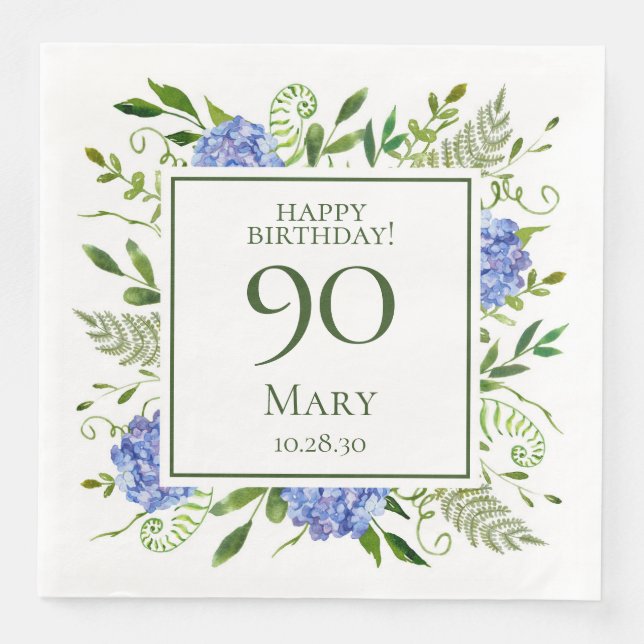 Serviette En Papier Hydrangeas bleus pour 90e anniversaire (Devant)