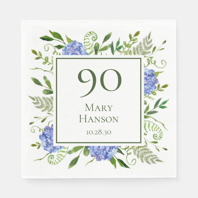 Serviette En Papier Hydrangeas bleus pour 90e anniversaire (Devant)