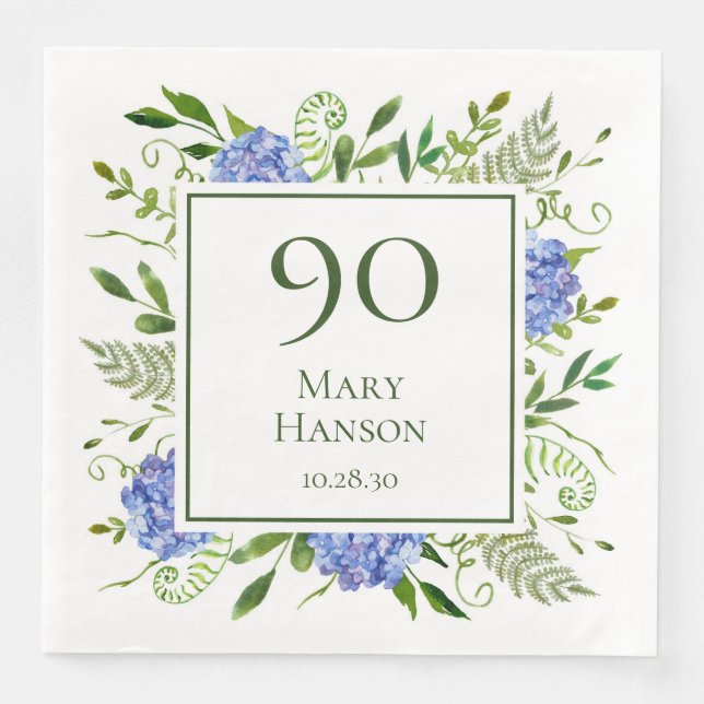 Serviette En Papier Hydrangeas bleus pour 90e anniversaire (Devant)