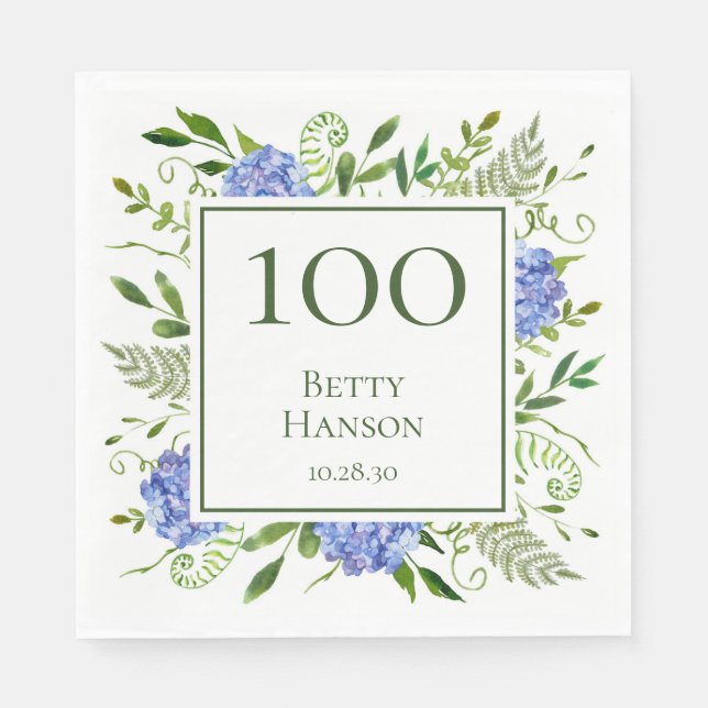 Serviette En Papier Hydrangeas bleus pour les 100 ans (Devant)