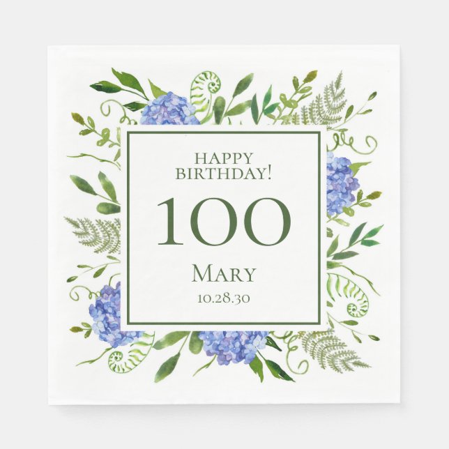 Serviette En Papier Hydrangeas bleus pour les 100 ans (Devant)