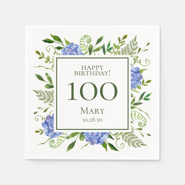 Serviette En Papier Hydrangeas bleus pour les 100 ans (Devant)