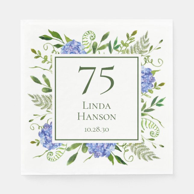 Serviette En Papier Hydrangeas Bleus pour les 75 ans (Devant)