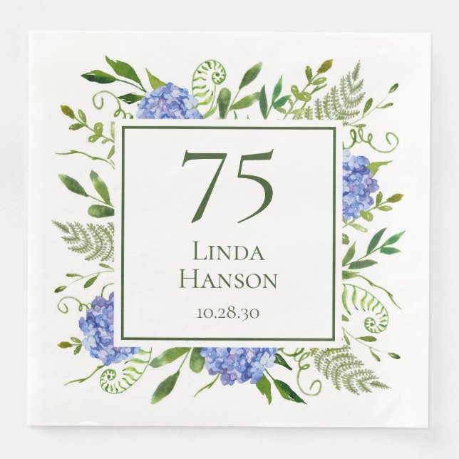 Serviette En Papier Hydrangeas Bleus pour les 75 ans (Devant)