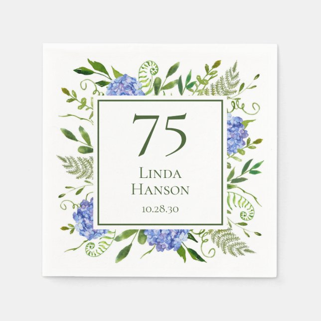 Serviette En Papier Hydrangeas Bleus pour les 75 ans (Devant)
