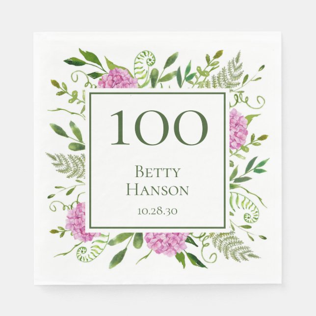 Serviette En Papier Hydrangeas roses pour 100e anniversaire (Devant)
