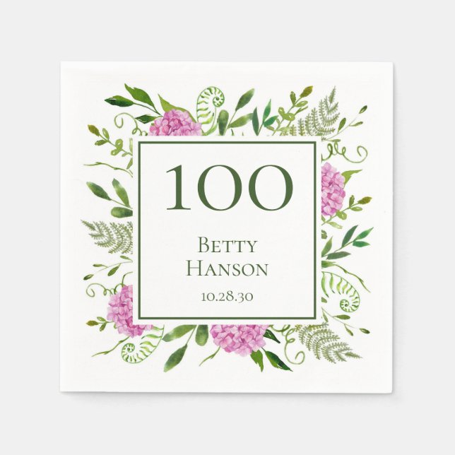 Serviette En Papier Hydrangeas roses pour 100e anniversaire (Devant)