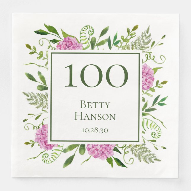 Serviette En Papier Hydrangeas roses pour 100e anniversaire (Devant)