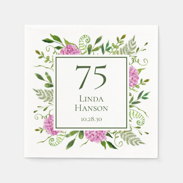 Serviette En Papier Hydrangeas roses pour 75e anniversaire (Devant)