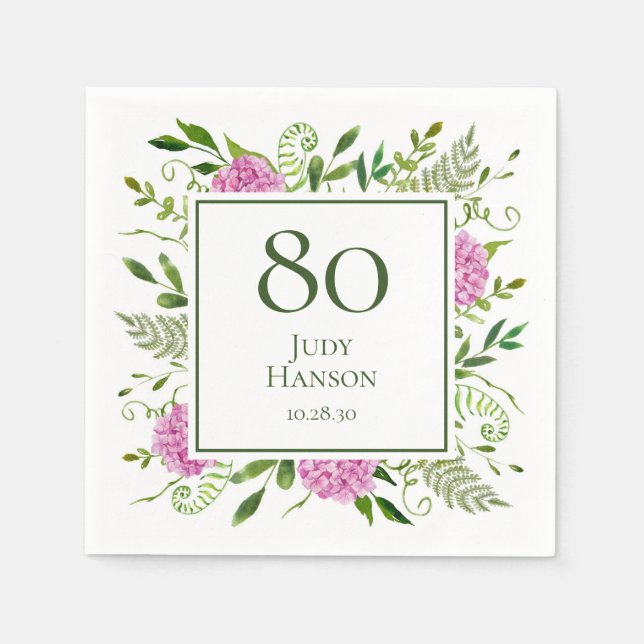 Serviette En Papier Hydrangeas roses pour 80e anniversaire (Devant)